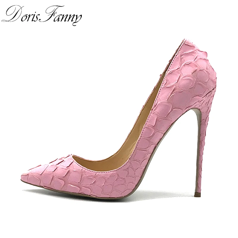 DorisFanny/свадебные туфли; коллекция года; очень пикантные женские черные туфли на высоком каблуке; вечерние туфли с острым носком на шпильке 12 см; цвет розовый, красный