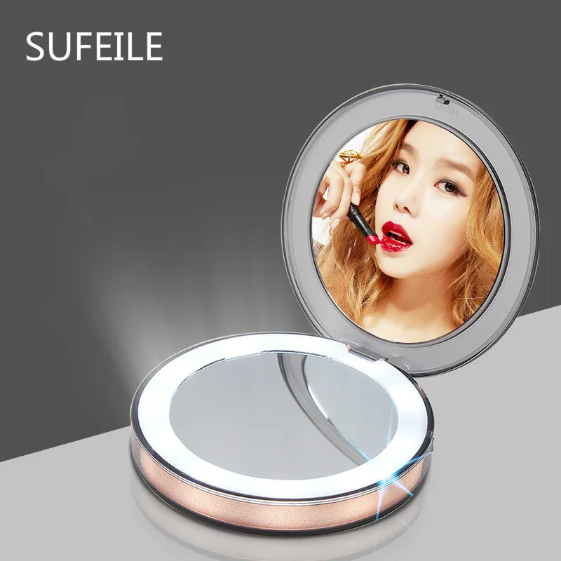 

SUFEILE Led Charging Folding Mirror USB Charging Pocket Night Light Makeup Mirror Soft LED Light Small Mirror D40