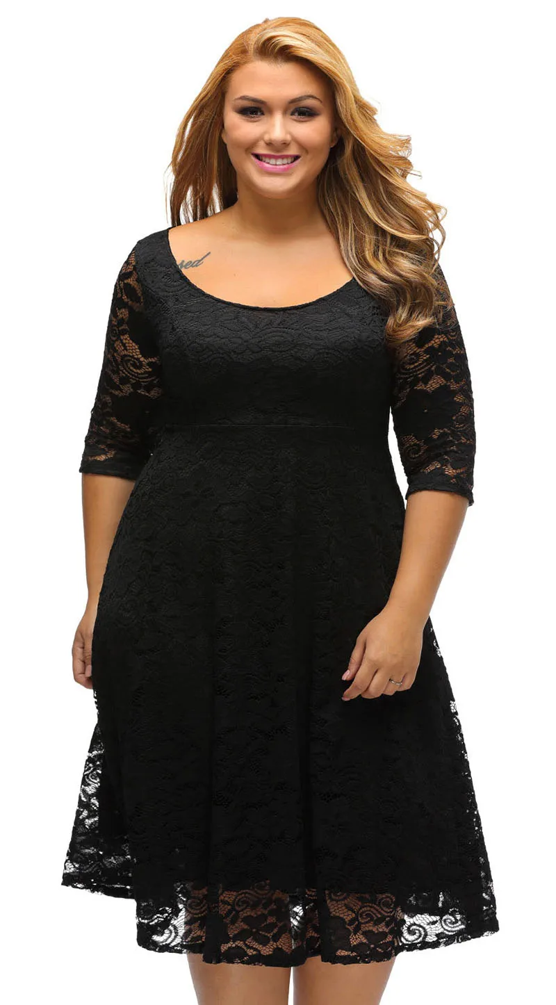 Black-Floral-Lace-Sleeved-Fit-and-Flare-Curvy-Dress-LC61395-2-1