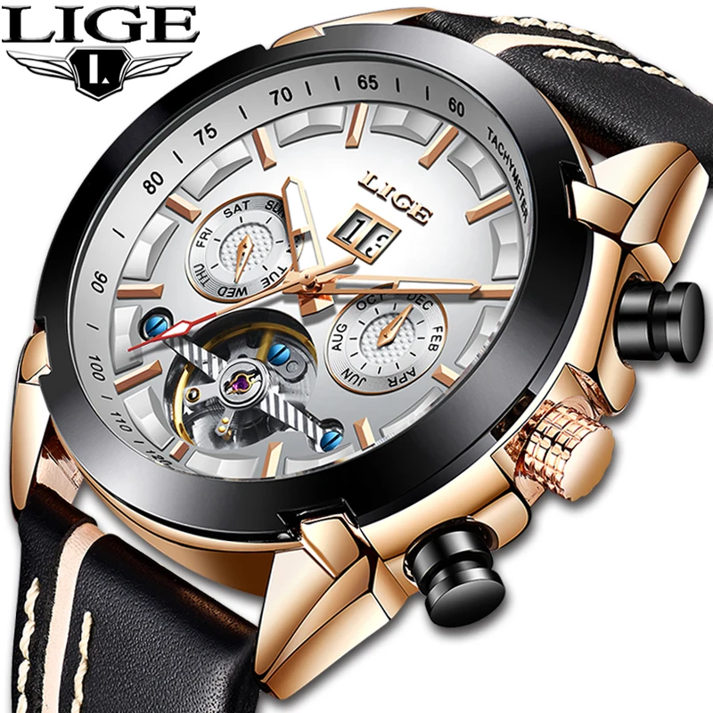 Lige Top бренды Роскошные автоматические механические часы мужские кожаные водостойкие спортивные часы мужские деловые наручные часы Relogio
