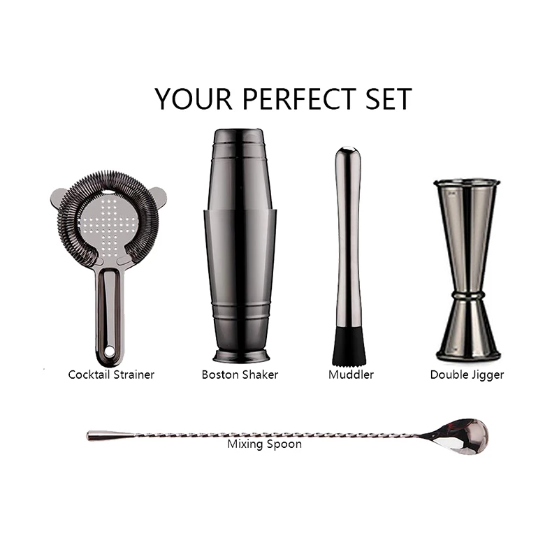 Cocktail Shaker Bar Set 18oz & 28oz Boston Shaker Tin Strainer Double Jigger 12" Mixing Spoon