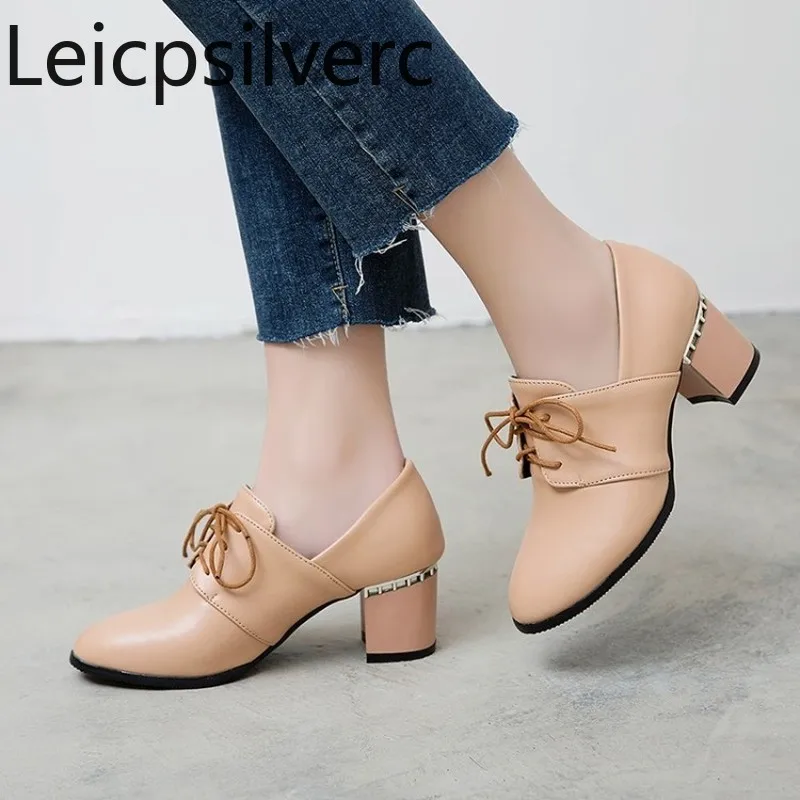 

Pumps Spring and autumn Women's Thick heel England mid heel Lace Oxford shoes black Women's shoes plus size 35-46