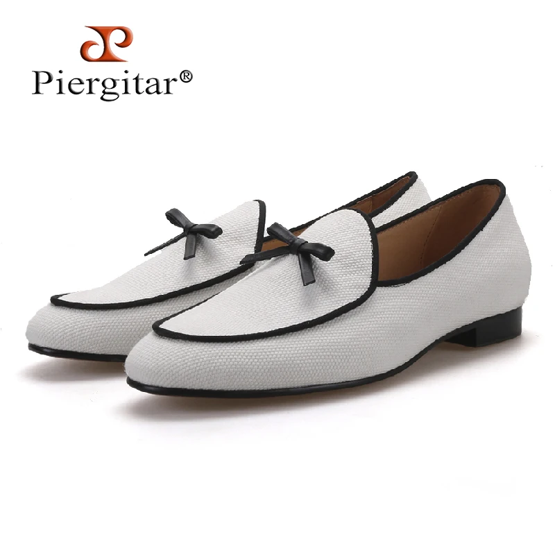 

Piergitar New Arrivals Handcraft White colors Canvas men loafers leather insole party and wedding men dress shoes plus size