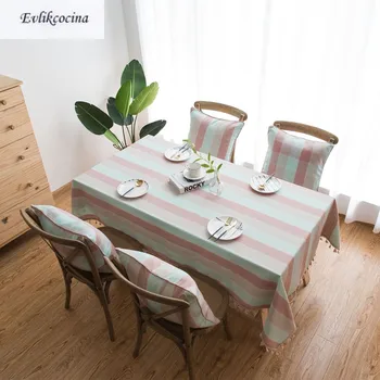 

Free Shipping Pink Wide Stripe Tablecloth With Tassel Cotton Linen Linge De Dining Table Cover Kitchen Home Decor Mantel Mesa