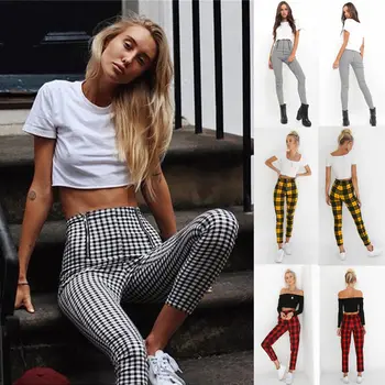 

arrival Women High Waist Zip-up Plaid Long Pants Ladies Slim Long Pencil Pant Women Clothing