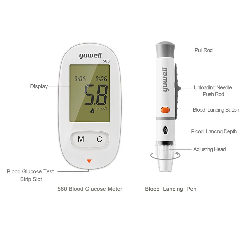 Yuwell-580 сахара в крови Тесты er глюкометр монитор 50 шт. Тесты полоски диабетической глюкометров сахар метр Тесты машины mg /DL медицинская техника глюкометр безинвазийный глюкометр мониторинг глюкозы глюкоза крови