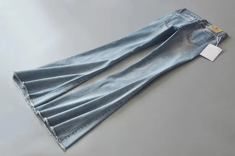 Calças de Brim para Mulheres 2020 do Vintage de Cintura Baixa Incendiar Elásticas Estilo Retro Fundo Sino Magro Calça Jeans Feminina Azul Escuro Denim Perna Larga Calças 31 Moda Feminina