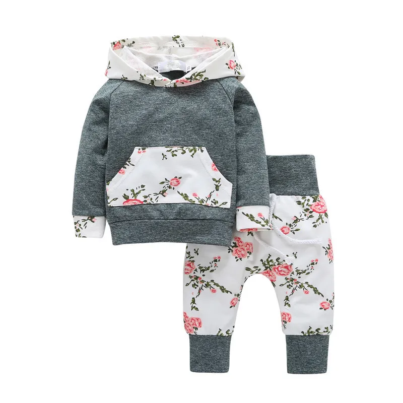 

0-3Y Toddler Newborn Baby Girls Boys Clothes Long Sleeve Floral Hooded T-shirt Tops +Pant Kids Clothing Set