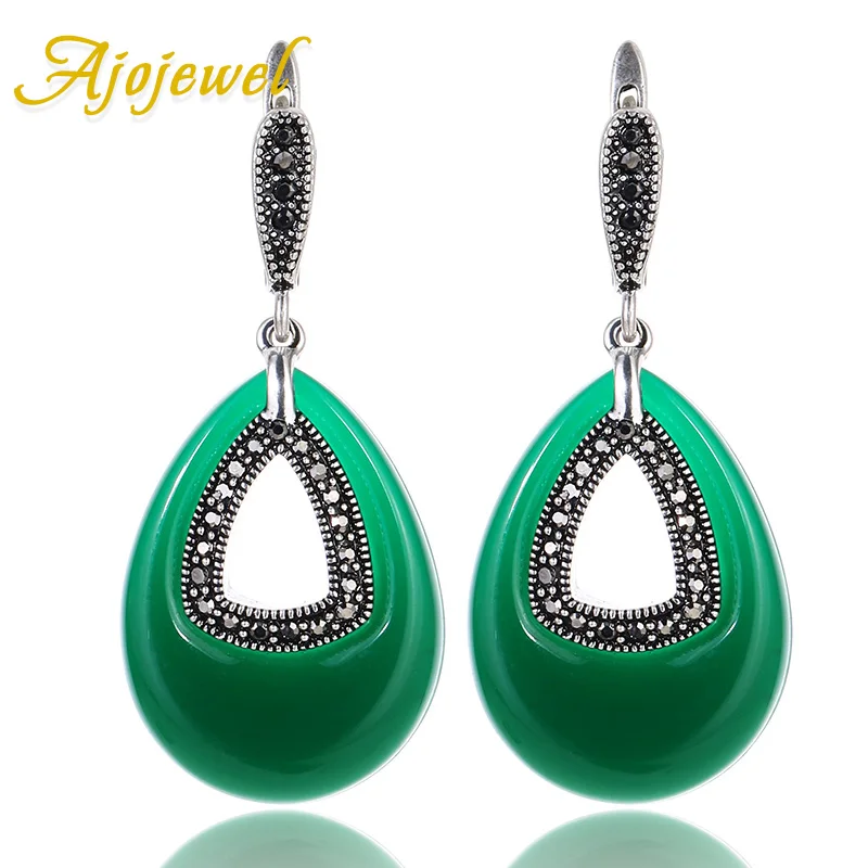 

Ajojewel Silver Plated CZ Green Resin Big Stone Water Drop Earrings For Women Vintage Jewelry 2017 New Arrival