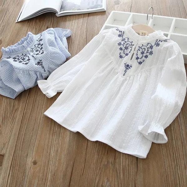 Рубашка с длинными рукавами для девочек; хлопковый пуловер для малышей; рубашка с вышитыми цветами - Цвет: Белый