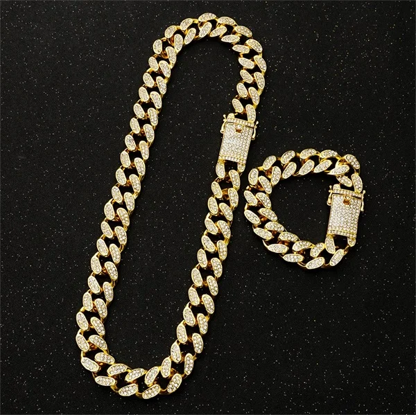 20mm Heavy Hip Hop Iced Out Miami Cuban Link Chain for Mens Bling Full Crystal Rhinestone Gold Silver Necklace Jewelry Bracelets - Окраска металла: GoldNecklaceBracelet