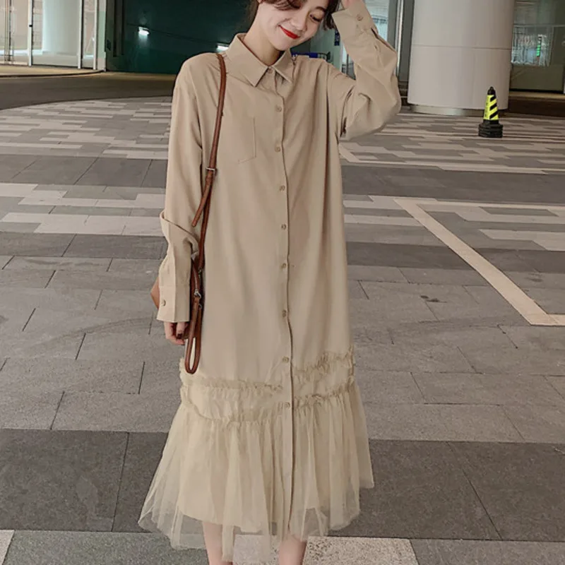 

LANMREM 2019 Autumn New Casual Fashion Temperament Women Loose Plus Solid Color Stitching Mesh Fishtail Dress TC633