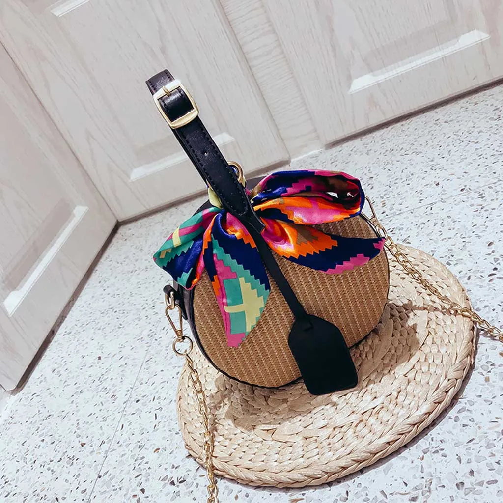 Летние соломенные сумки для женщин, плетеная Сумка через плечо с лентами, модный ремень с цепочкой, на молнии, сумки bolso mujer