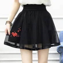 Весна-осень Женщин Эластичная Высокая талия цветы вышивка черный мини-юбка женский сексуальный Элегантный Роуз цветочные короткие фатиновая юбка