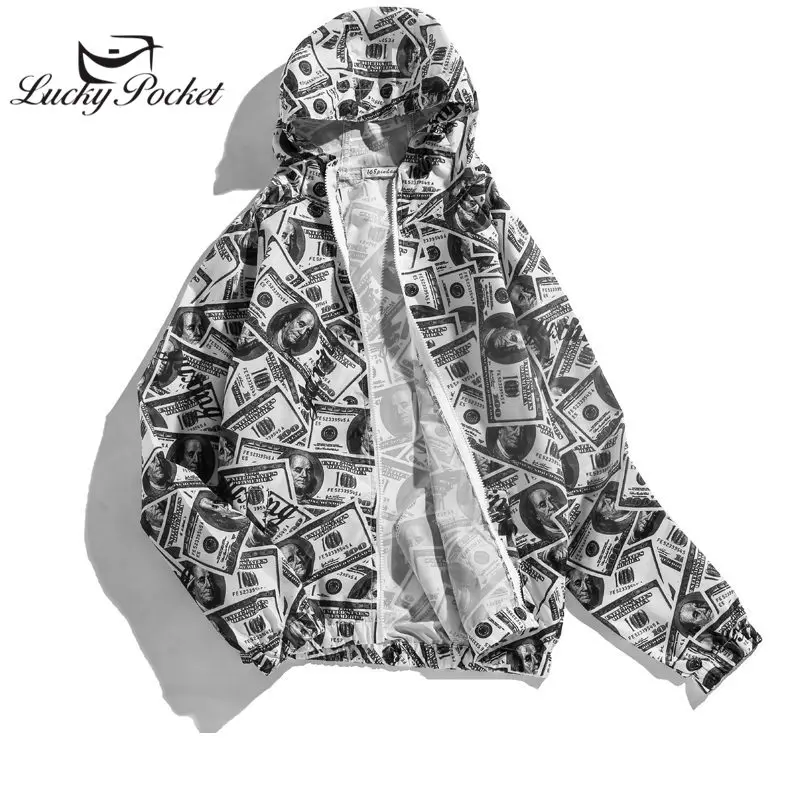 

Dollar Print Spring Thin Women Casual Hooded Outerwear Summer Female Sun Protection Jacket Hip Hop Loose Brand Ladies coat WJ07