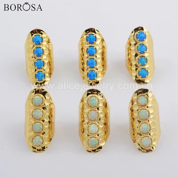 

BOROSA 5PCS Gold Plated Claw Round Shape Manmade Opal Bezel Band Ring White Blue Japanese Opal Rings Women Jewelry Gifts ZG0396