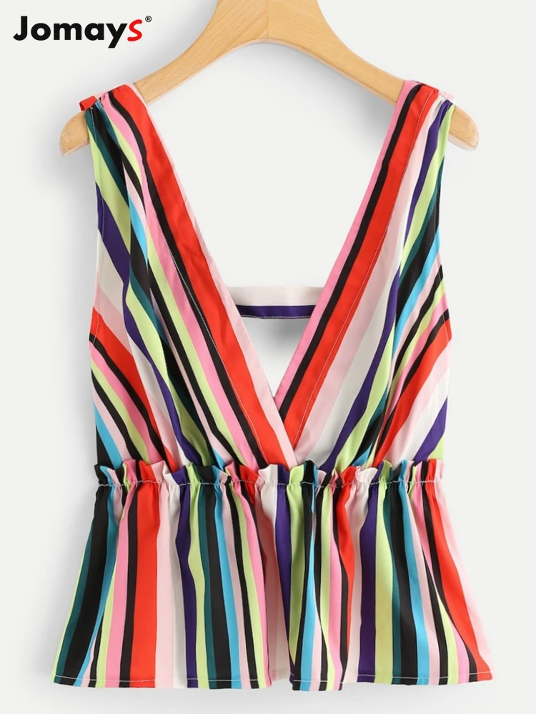 

Sexy Deep V Neck Colorful Striped Ruffles Blouse Backless Casual Slim Shirt Retro Chic Blusas Women Tops and Blouse Femme