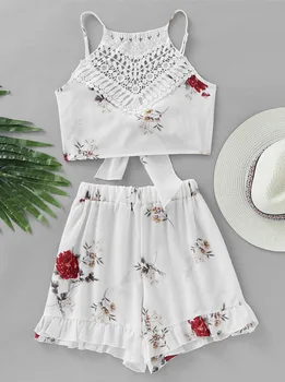 

new arrival Summer outfits women 2 piece set women Lace stitching Camisole ruffle short pants set female Sleeveless