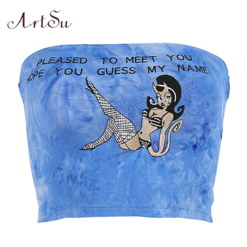 

ArtSu Letter Girl Embroidery Blue Bralette Crop Top Sexy Boho Strapless Camis Off Shoulder Bustier Top Camisole Women ASVE20445