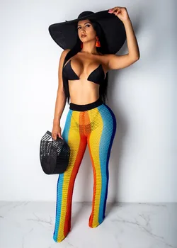 

European and American fishing net digital printing rainbow sexy temptation wide-leg pant H9548 women summer dress