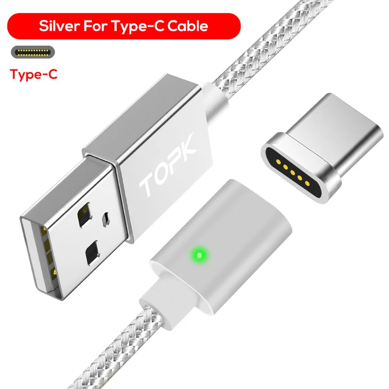TOPK 1M 2M 2.4A Магнитный кабель type C, обновленный нейлоновый светодиодный кабель с индикатором USB C для зарядки и синхронизации данных USB C кабель для samsung - Цвет: Silver