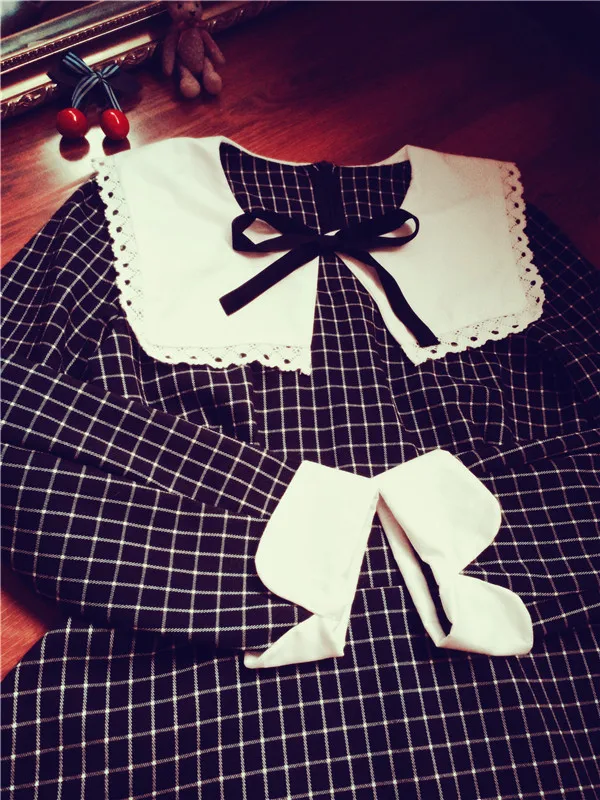 

"Self-Design" Womens Gothic Lolita Plaids Checks Dress Vintage Cute Sailor Collar Long Sleeves