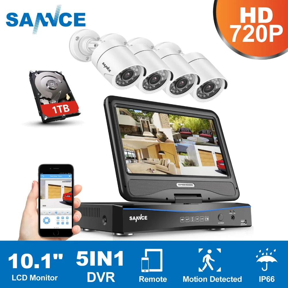 

SANNCE 4CH 720P 4 in 1 Security Camera System 10.1" LCD Monitor 1.0MP 1280TVL HD IR Outdoor Video Home Security Surveillance Kit
