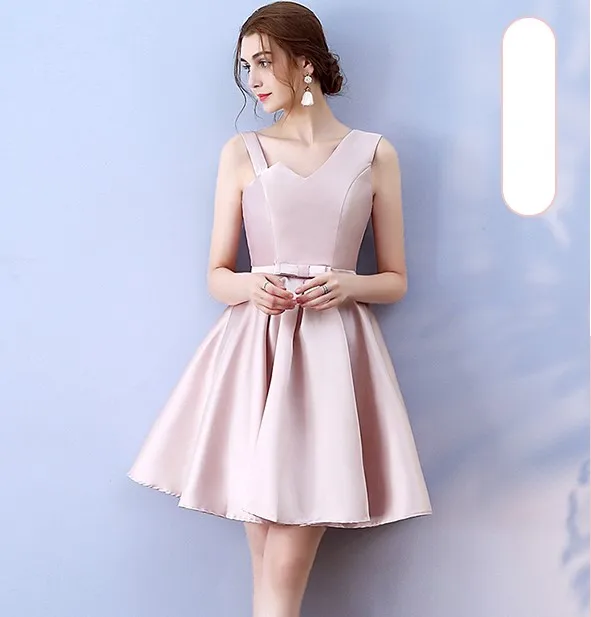 

Back of Bandage Satin Bridesmaid Dress Mini Dress New Women's Sisters Wedding Party Red Bean Pink Colour Sling