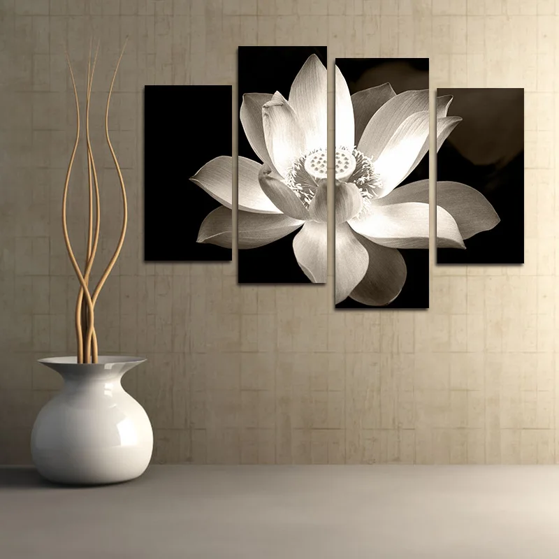 

Wall Art Home Decor Framework Canvas Pictures 4 Pieces Abstract Lotus Flowers Paintings For Living Room HD Prints Posters
