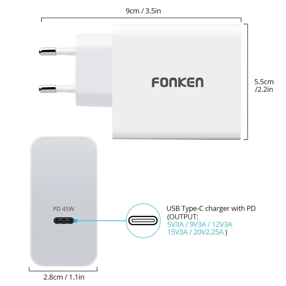 FONKEN type C 45 Вт PD USB зарядное устройство для ноутбука быстрая зарядка настенный адаптер 15 в 3 А type-C Fold US Plug портативное зарядное устройство для мобильного телефона