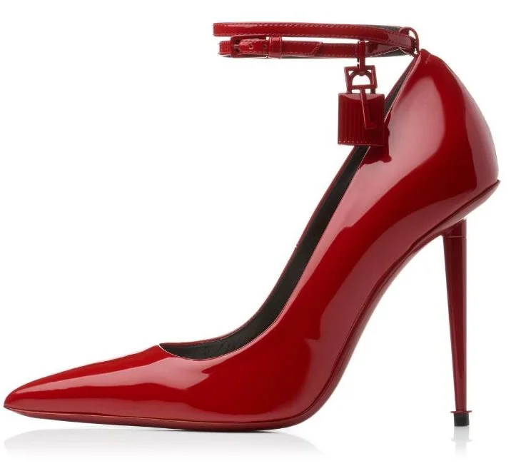

Newest Metal Padlock Women Shoes High Heels Pointed Toe Red Black Patent Leather Ankle Strap Spike Heel Pumps Women Shoes