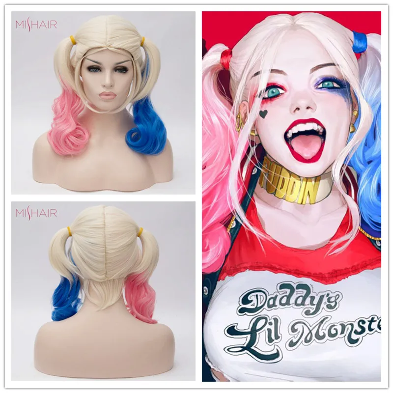 Mishair Harley Quinn Cosplay Wig Blue and Pink Color Synthetic Joker Girl Hair Wig Harley Queen Cosplay Costumes Wig Women