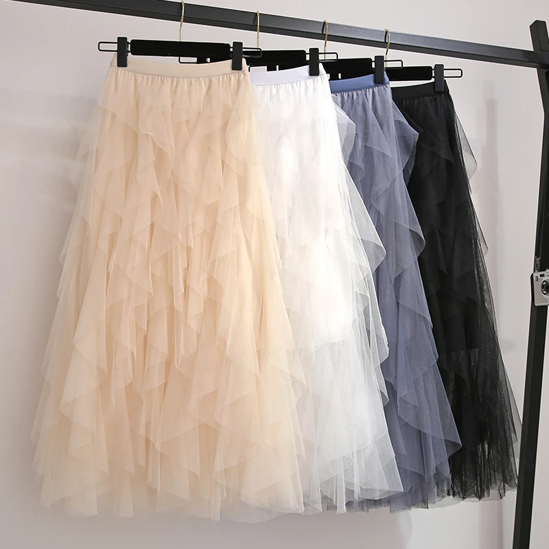 Флектит стиль Лолита Многоуровневая Тюлевая юбка макси эластичная талия водопад юбка-пачка с рюшами Длинные вечерние юбки для женщин