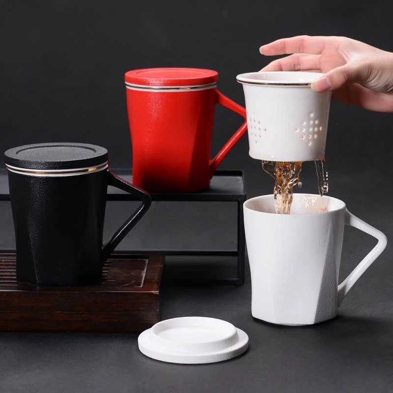 

360ML Creative Ceramics Coffee Infuser Mug Tea Cup With Filter Lid Cover Handle For Milk Juice In Home Office Water Separation