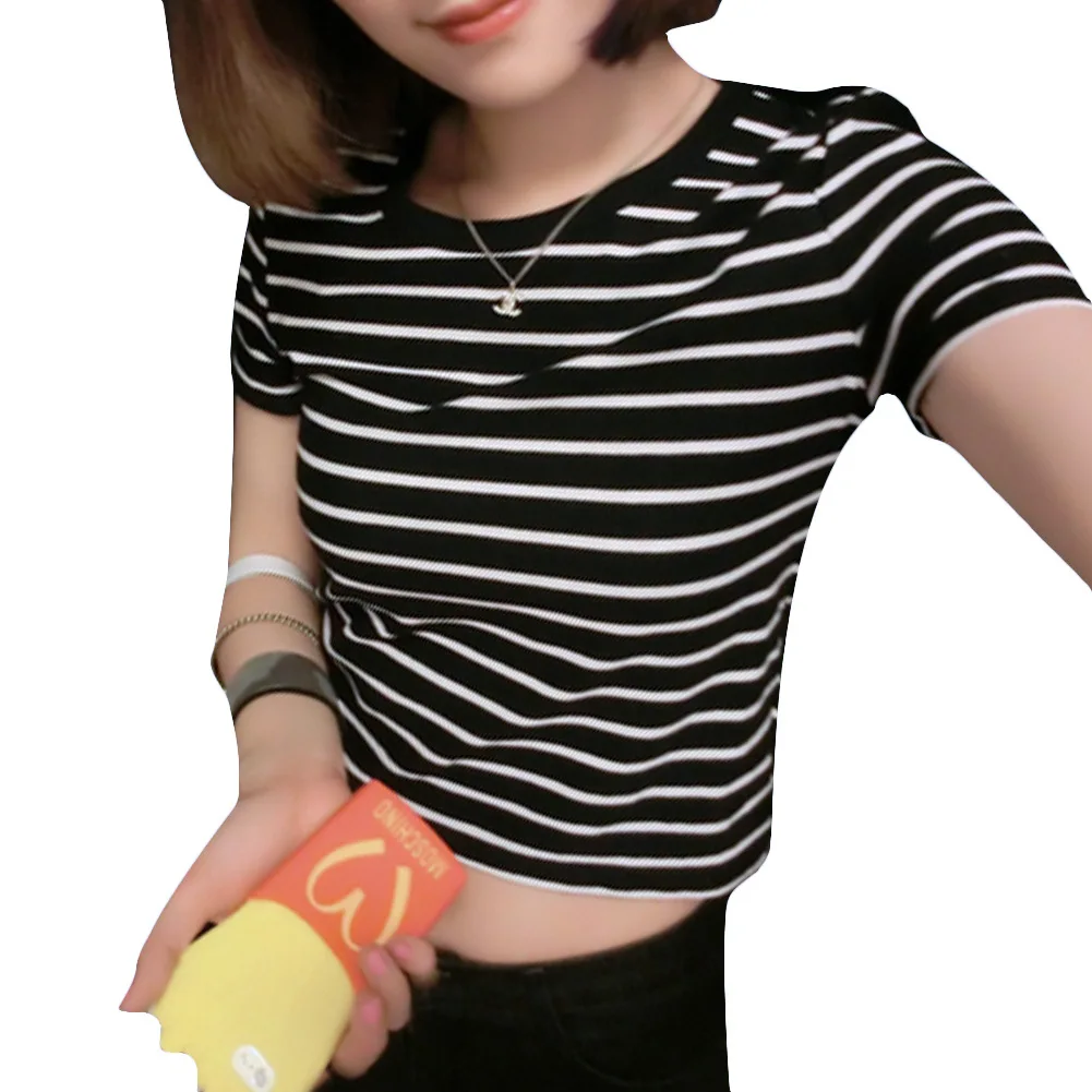 New 2016 Women Tops Summer Ladies T shirt Sexy Crop Tops Striped Short Sleeved T-shirt Slim Short Female Clothes Slim Kpop Top