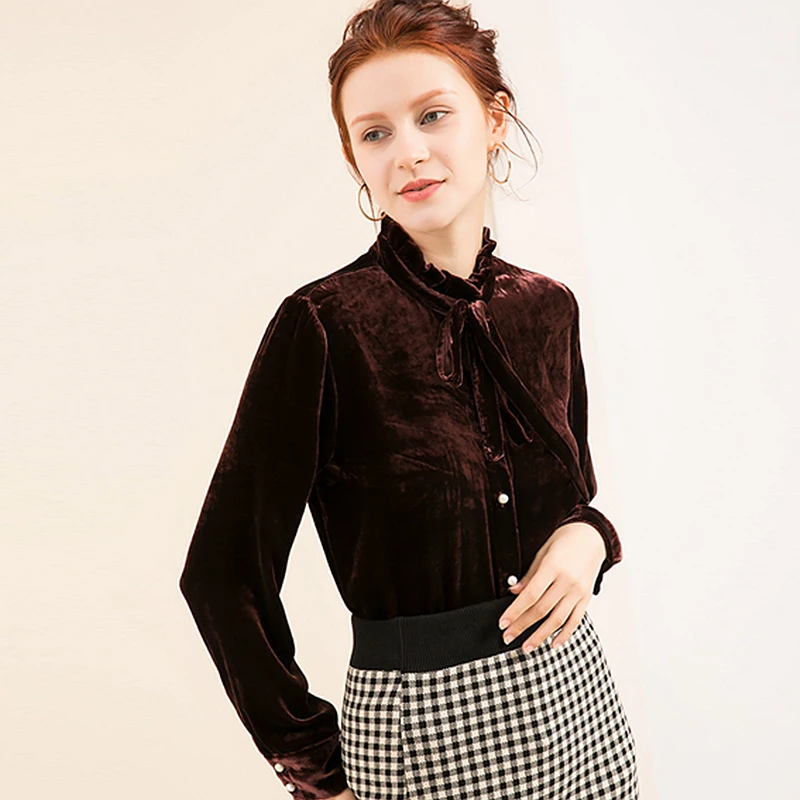 Chemise Marron Top Design Manches Blouse Velours Mode Nouvelle Bouton Soie Femmes 16 Longues Cou Solide Arc Décoration Vintage 2018 RAwpf