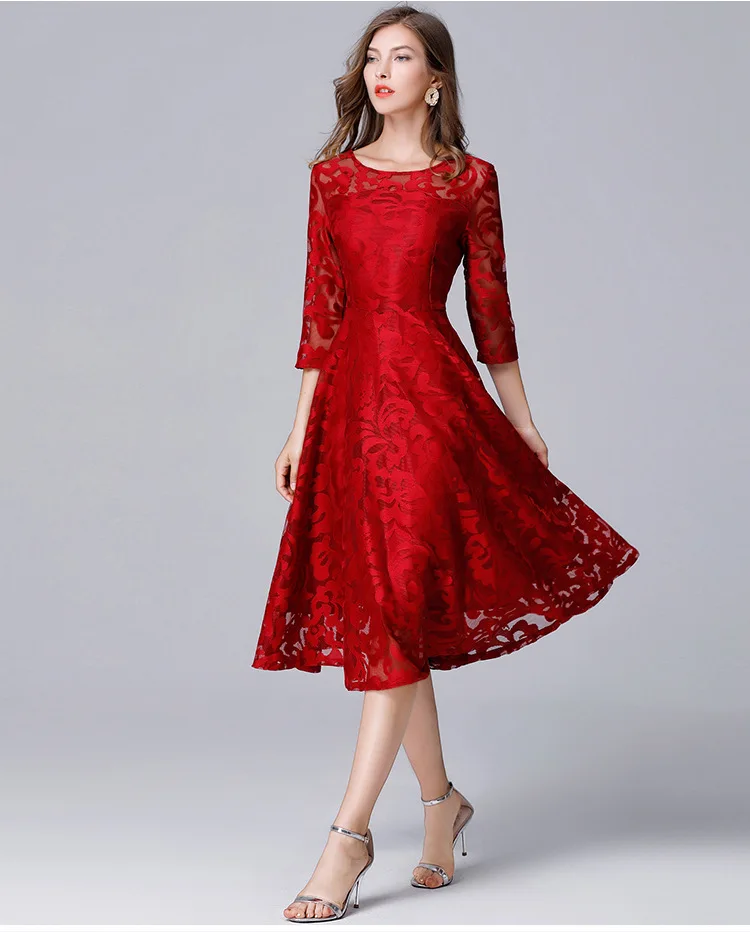 Перспективное кружевное женское платье с круглым вырезом и рукавом 7/10, обтягивающее платье с большим подолом для женщин, L-5XL размера плюс, модное платье красного/синего цвета