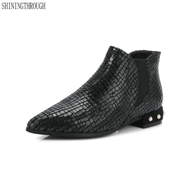 

2018 new ankle boots sexy snake leather women shoes square toe thick low heel python embossed genuine leather boots