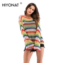 Hiyonat 2019 Elegant Hollow Out Sweater Women Long Sleeves Rainbow Striped Knitted Pullover Sweaters Pull Femme Spring Jumper Hiyonat 2019 Elegant Hollow Out Sweater Women Long Sleeves Rainbow Striped Knitted Pullover Sweaters Pull Femme Spring Jumper