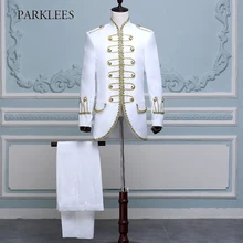 Mens Two Piece Stage Costumes Suits Blazers Long Gold Embroidery White Suit Men Slim Fit Stage Prom Wedding Singer Jackets Homme new black men s blazers suit long sleeve gold appliques stage singer performance costume include jacket vest tie
