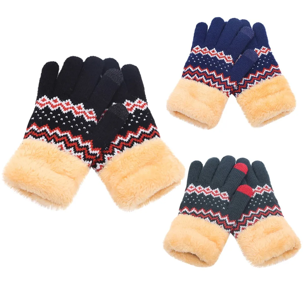 

Womens Men Unisex Winter Gloves Geometric Knit Click Screen Gloves Plush Thick Warm Gloves guantes invierno luvas de inverno
