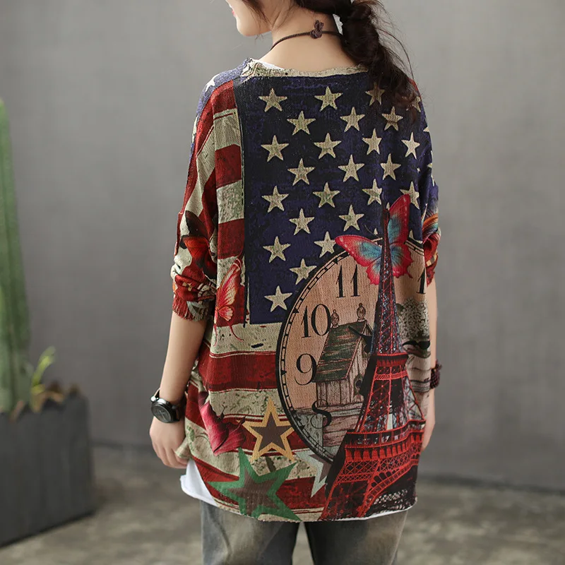 Spring Sweater Women Retro Loose Pullovers Knitting Tops O-Neck Print Pattern Blended Sexy Ladies Streetwear Casual Sweater 2019 Spring Sweater Women Retro Loose Pullovers Knitting Tops O-Neck Print Pattern Blended Sexy Ladies Streetwear Casual Sweater 2019