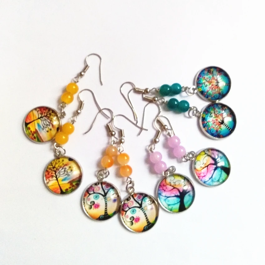 

12pair/lot Colorful Convex Circular Life Tree Drop Earrings Stone Beads Earrings Handmade Orange Earrings Friendly Jewelry