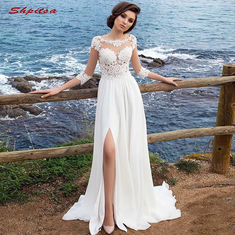 

Lace Beach Wedding Dresses Chiffon Side Slit Plus Size Bride Bridal Weding Weeding Dresses Wedding Gowns 2019
