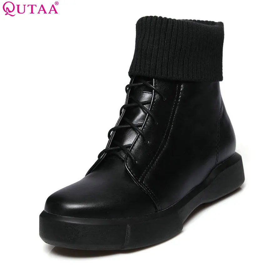 

QUTAA 2018 Women Ankle Boots Fashion Round Toe Lace Up Wedges Heel Pu Leather Westrn Style All Match Women Boots Size 34-43
