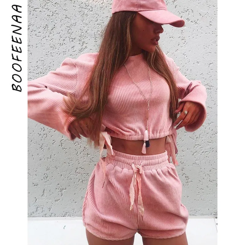 

BOOFEENAA Corduroy Pink Two Piece Set Top and Pants Women Fall Clothing 2019 Cute Casual Outfits Short Matching Sets C76-AG54
