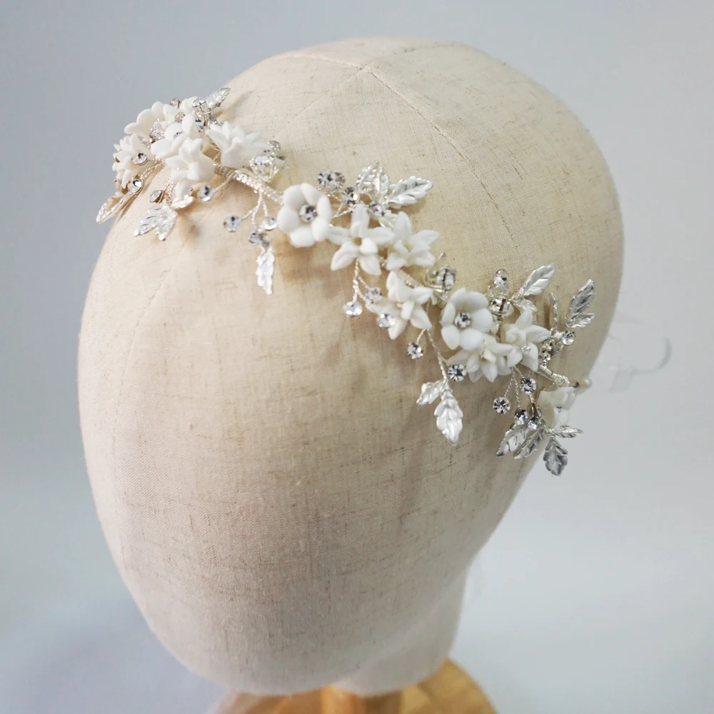 Романтическая глина цветок свадебный головной убор античный серебряный лист волос лоза Свадебная Корона невесты аксессуары для волос