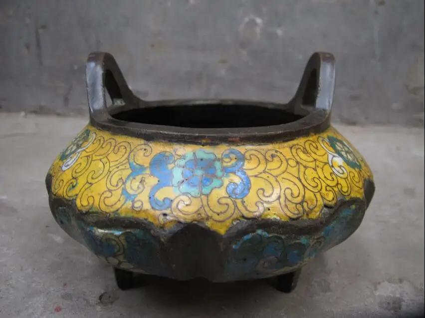 

Tibet Temple Purple Bronze Cloisonne hexagon lotus leaf Incense burner