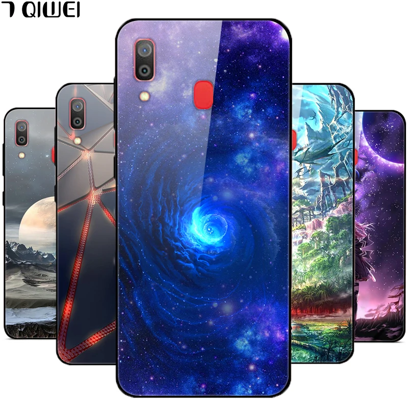 

B For Samsung Galaxy A30 Case A 30 Glass Hard Phone Case For Samsung Galaxy A30 2019 Case Soft TPU Frame Tempered Cover 6.4''