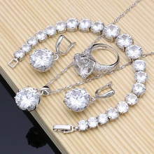 Натуральные 925 серебряные свадебные ювелирные изделия, белый циркон, ювелирные наборы для женщин, свадебные серьги, подвеска, ожерелье, кольца, браслет